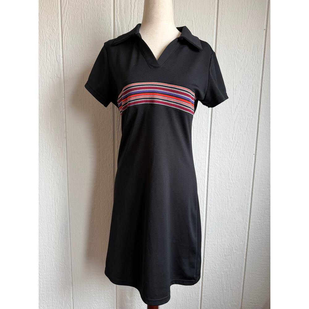 Vintage Express Tricot Stripe Polo Dress Black Retro Knit Mini Dress M Y2K